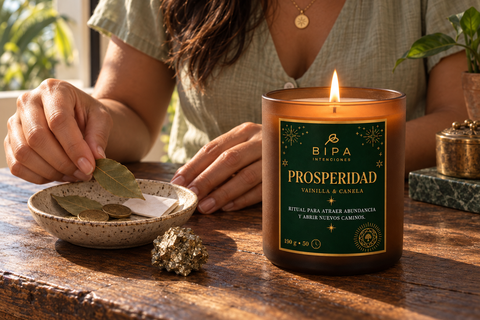 Ritual Prosperidad con vela BIPA en vidrio ámbar, monedas, hojas de laurel y pirita