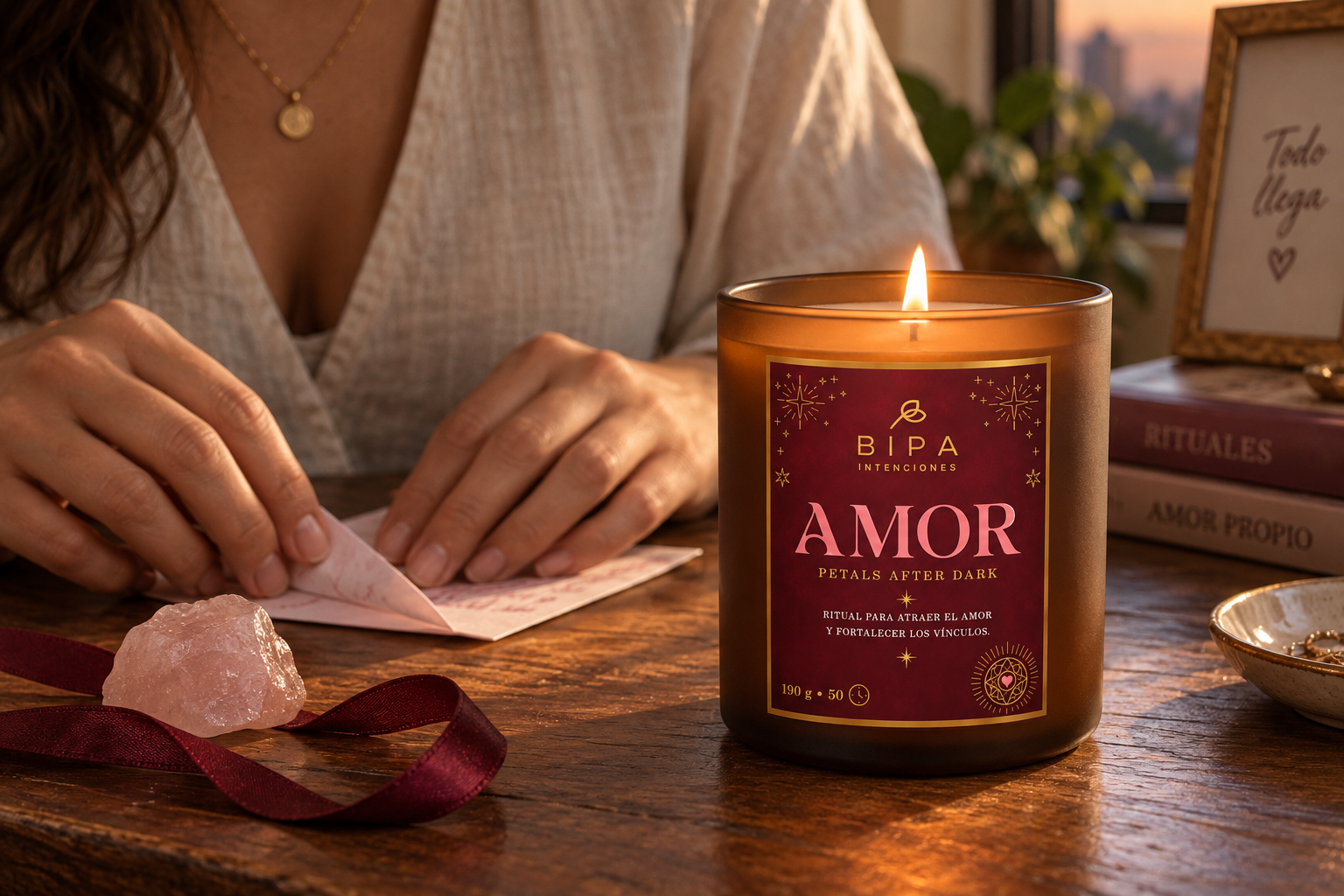 Ritual Amor con vela BIPA en vidrio ámbar, carta de intención y cuarzo rosa