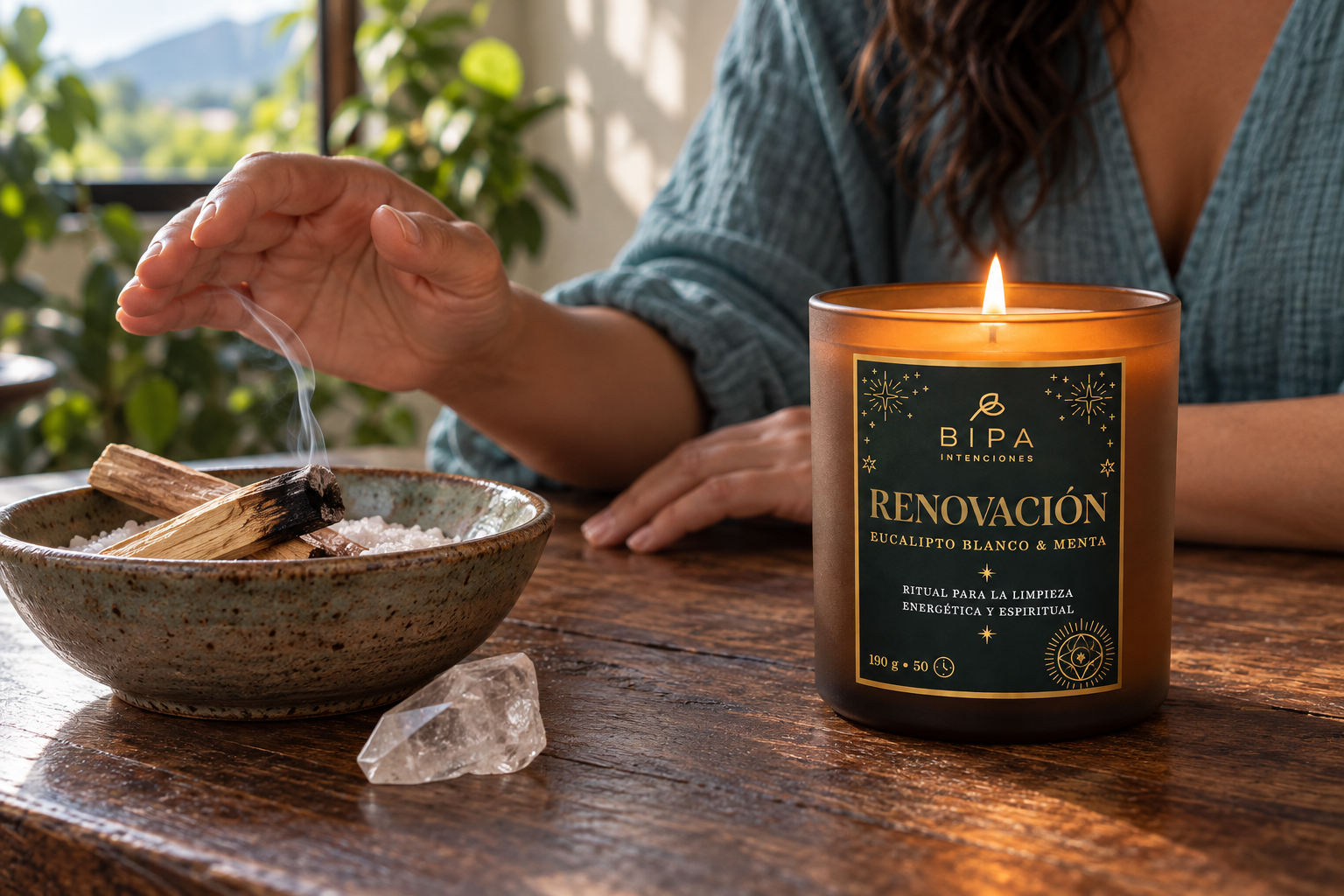 Ritual de limpieza Renovación con vela BIPA en vidrio ámbar, palo santo y cuarzo